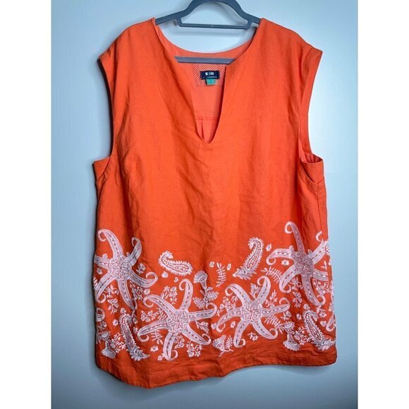 Maeve Orange Starfish Embroidered Linen Tunic Mini Dress Lined US 24W EU 58 Plus - Picture 3 of 6